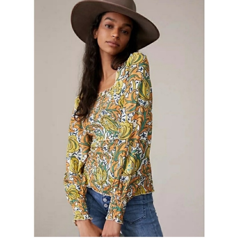Anthropologie Floral Print Top - The Rayna Relaxed Smocked Blouse Size S